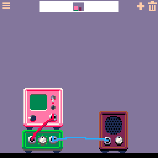 A pixel art gif showing electronic gear being connected with bouncy cables.