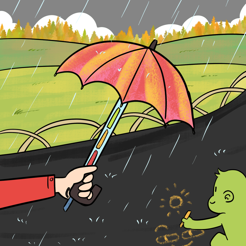 A hand is holding a colourful umbrella in the middle of a park. It is raining and while a monkey is drawing in chalk on the path the umbrella is protecting them.