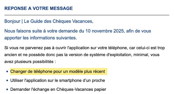 Une réponse mail venant de chèques vacances, proposant de changer de téléphone pour un modèle plus récent
