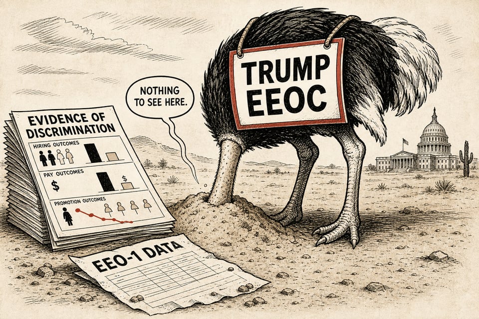 An editorial cartoon depicting an ostrich labeled "Trump EEOC" sticking its head in the sand to avoid seeing sheets labeled "EEO-1 Data" and "Evidence of Discrimination."  The ostrich is saying, "Nothing to see here."