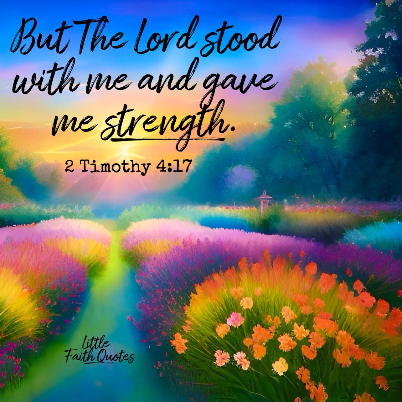 "But the Lord stood with me and gave me strength." ~2 Timothy 4:17. A beautiful orange, pink, and yellow sun sets in the distance. Orange, yellow, and purple flowers cover a beautiful green and blue meadow. Green trees rise on the sides of the meadow. It is peaceful. Image by: @Little Faith Quotes 