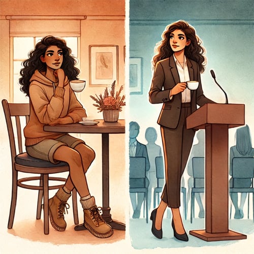 Woman in a coffee shop and in a conference