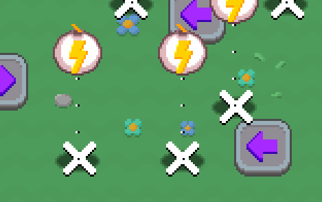 Some pixel art bombs in the air with a white 'X' on the floor beneath them