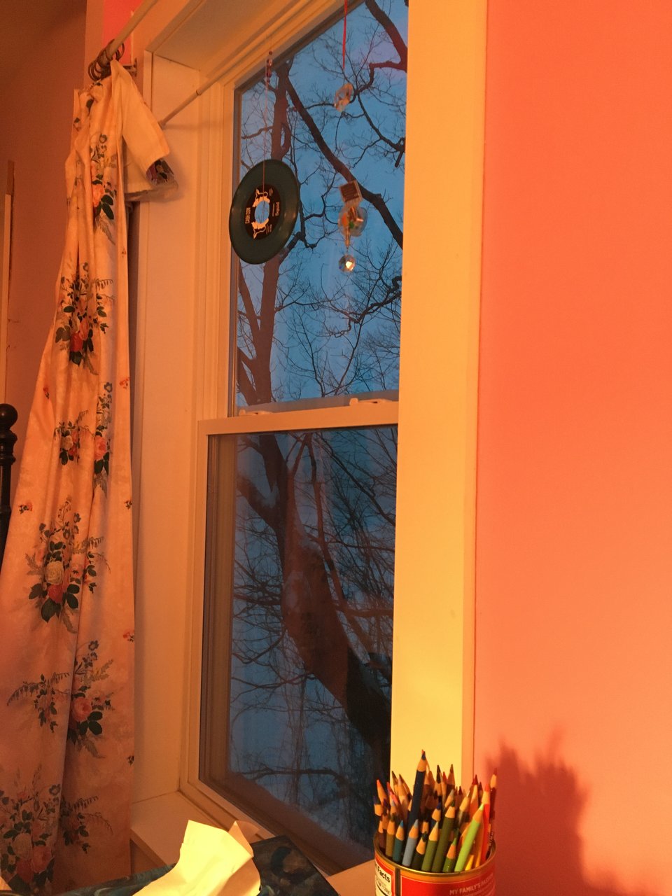 This is a photograph of a window taken from inside a building.  The room's walls are pink, the window frame is white, and the scene outside is tinged blue due to it being dusk.  It's snowing outside and a maple tree is visible through the window.  There is a can of colored pencils and a box of tissues in the foreground of the photo.  Pink, floral curtains are to the left of the window.  There is a blue 7" record hanging in the window.