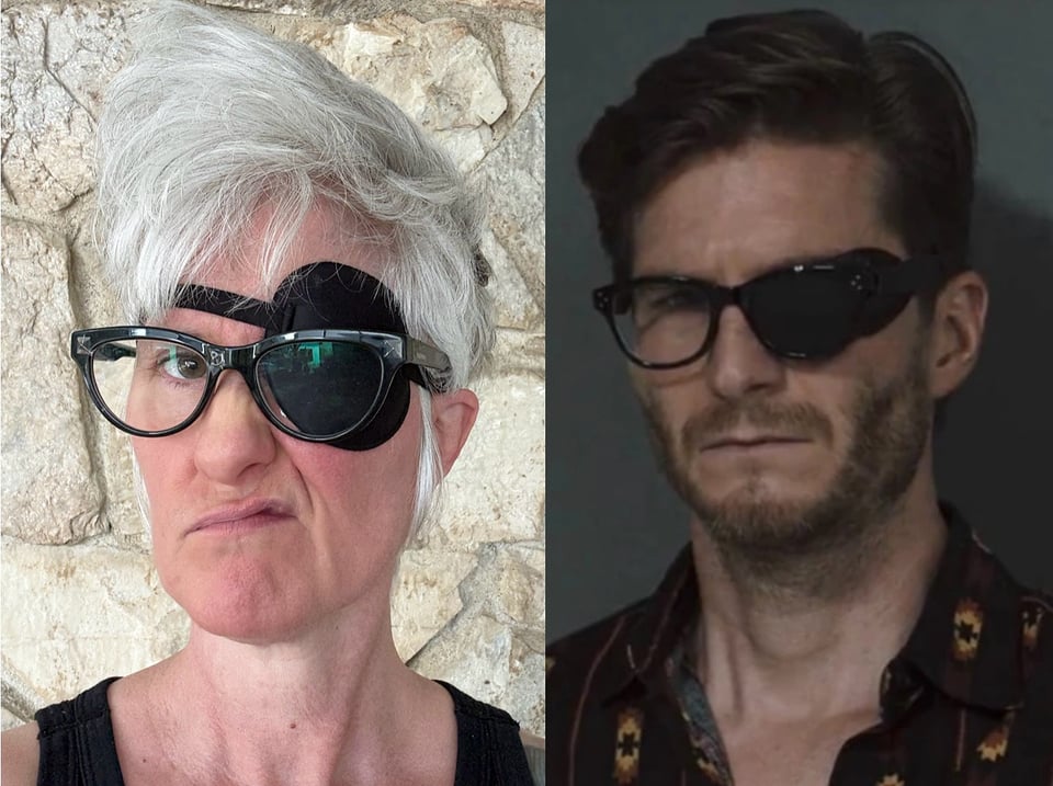 On the left, me with an eyepatch. On the right, the character of Torben Woller from the show DARK