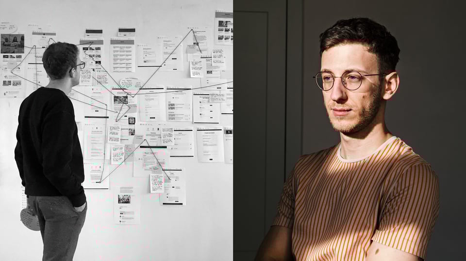 Left image shows Christoph during work. He's looking at a wall full of printed out papers. Some of the papers are linked to each other with threads. Right image is a portrait photo of Christoph.