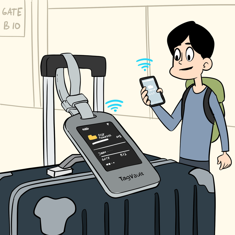 A man is standing in an airport holding a mobile phone in his hand. The phone has waves emanating from it which makes it seem it is communicating with the tag on the man’s luggage which also has waves coming out of it. The luggage tag has a screen on it displaying info about a file transfer that is in progress and even which gate the flight they are going to is.