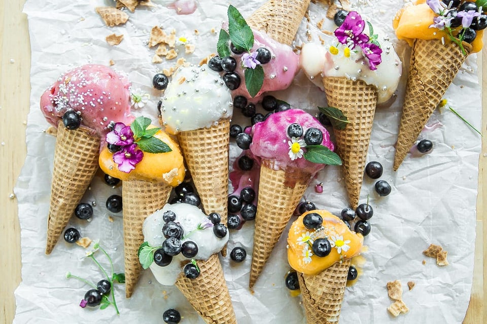 ice cream cones with fresh fruit