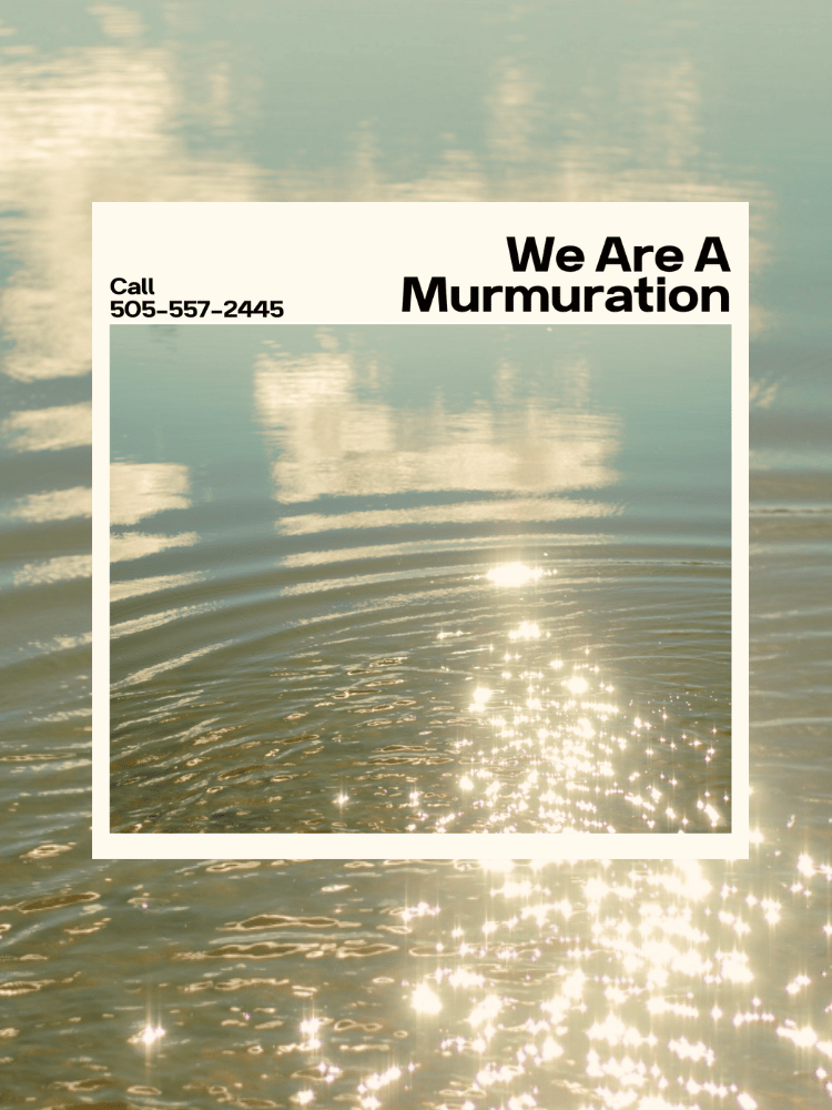 An image of light sparkling on top of water with the same image on top with the words "We Are A Murmuration" and "call: 505-557-2445"