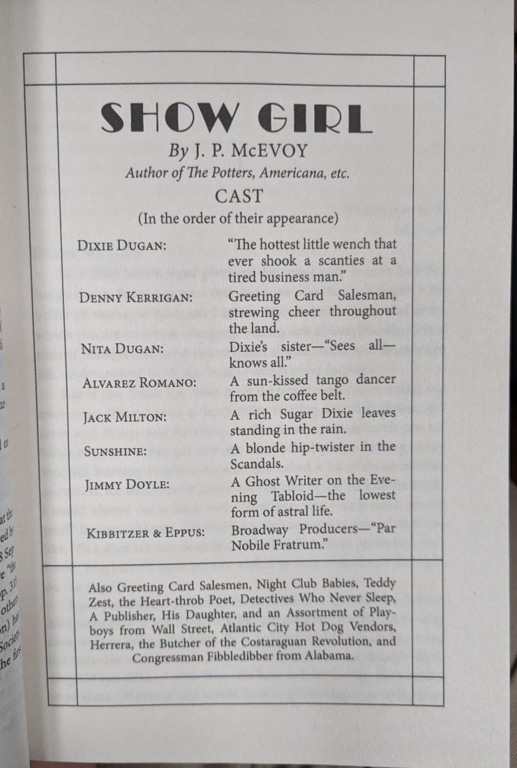 A title page for Show Girl made to look like the cast list of a 1920s movie, and including characters like Teddy Zest and the Heart-throb Poet.