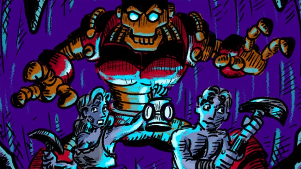 Two miners holding pickaxes are underground, unaware that a large humanoid robot looms over them.