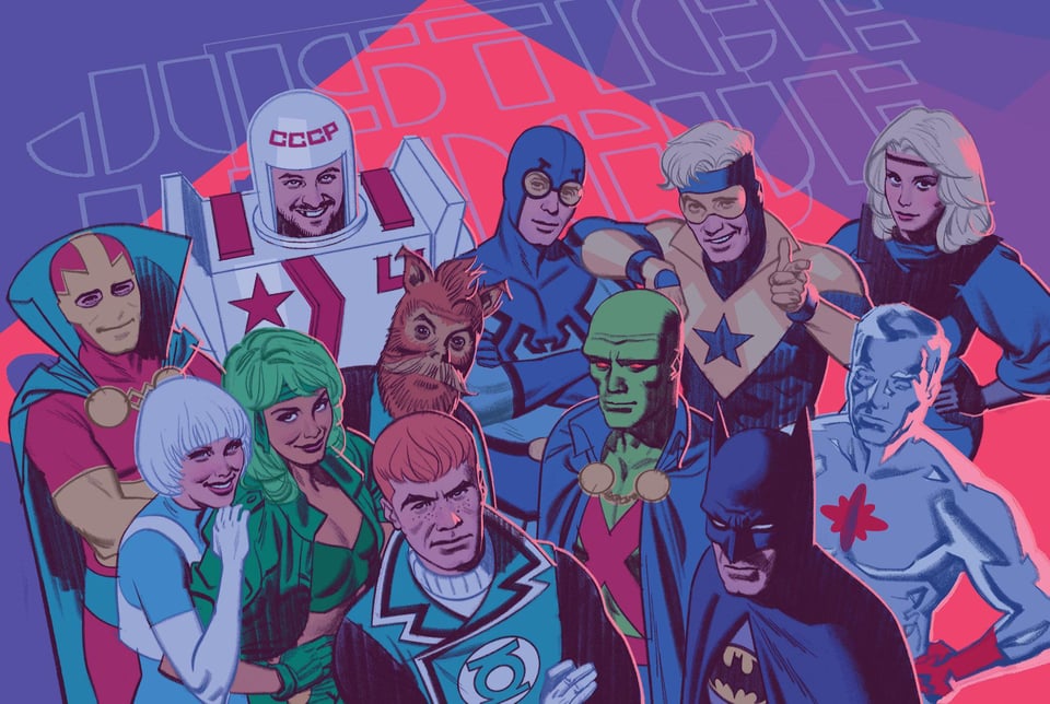 A page from Tom King's Human Target comic depicting the members of the classic Justice League International.
