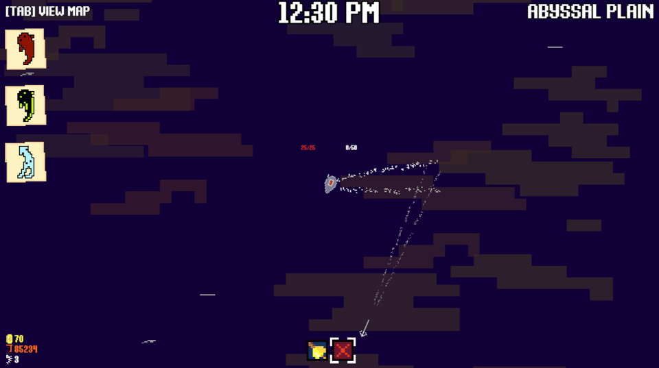 A FISH FEAR ME screenshot featuring a new area (Abyssal Plain), new bounties (a red fish, a glowing fish, and a blue squid), and new baits (some kind of bell??)