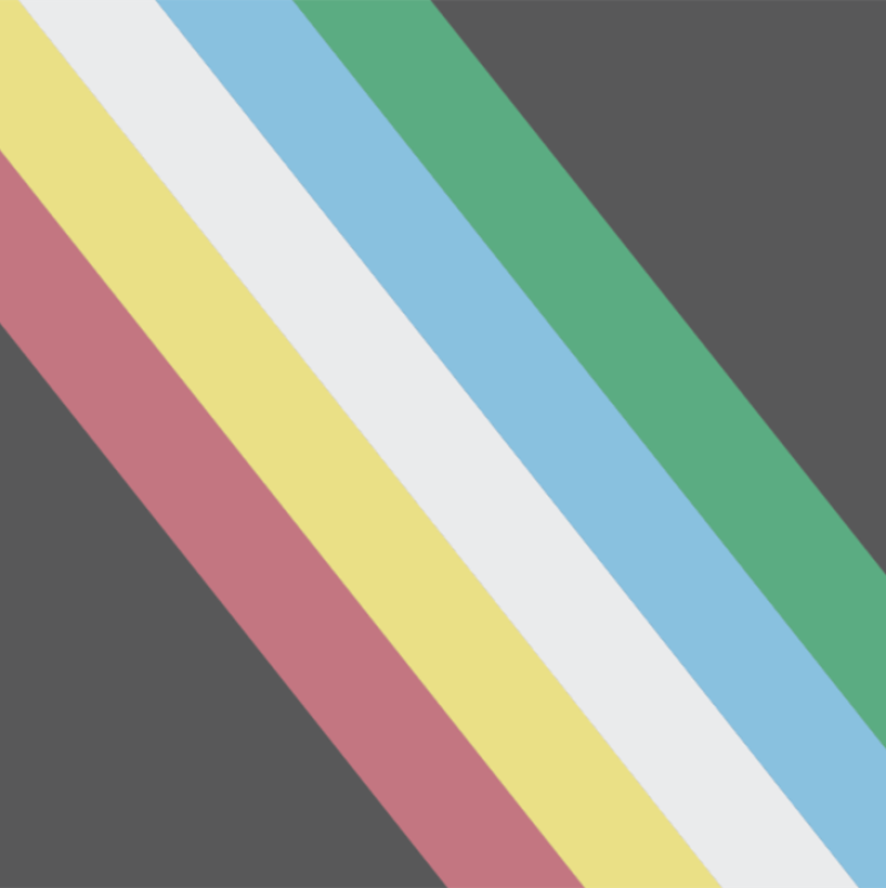 The Disability Pride flag, faded black background with diagonal stripes in the following order from left to right: red, yellow, white, light blue, green.