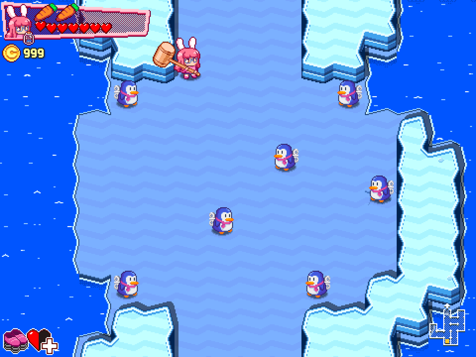 Game screenshot of some penguins on a large, flat, boring-looking slab of land