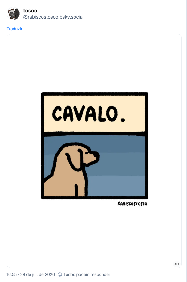 Post de tosco (@rabiscostosco.bsky.social): (Ilustração digital de cachorro caramelo virado de olhos fechados para o oceano no horizonte. Acompanha o texto "cavalo")