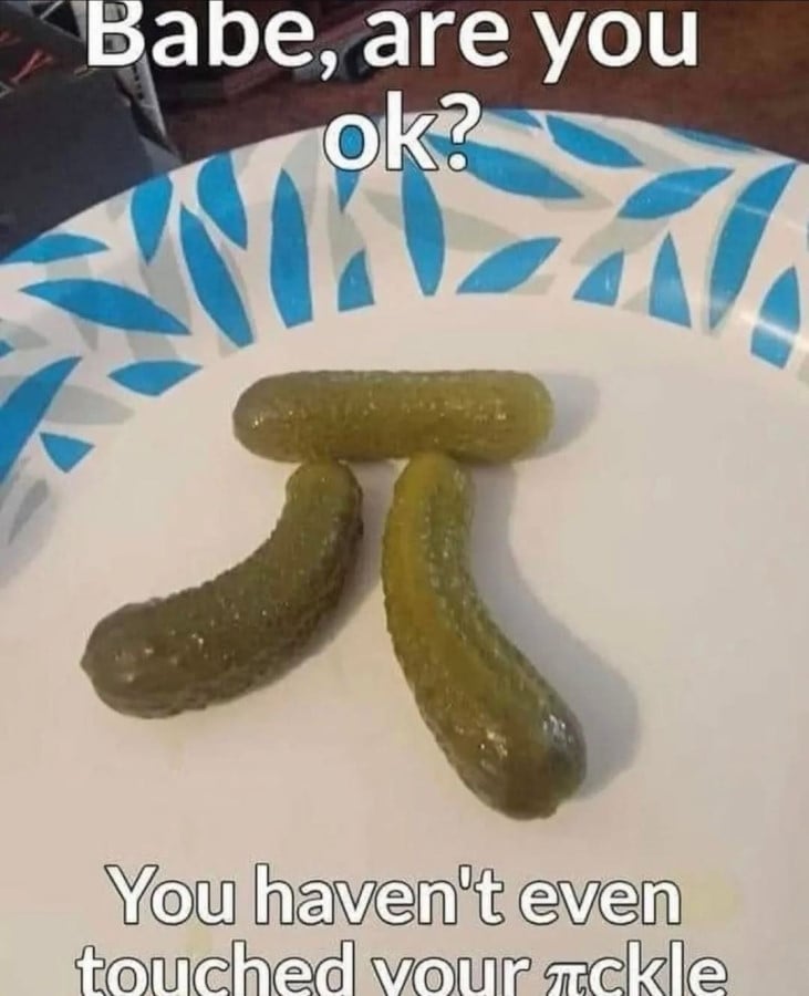A photo of 3 pickles on a plate, arranged to form a perfect Pi symbol thanks to the curve of the pickles. Text reads: Babe, are you ok? You haven't even touched your πckle.