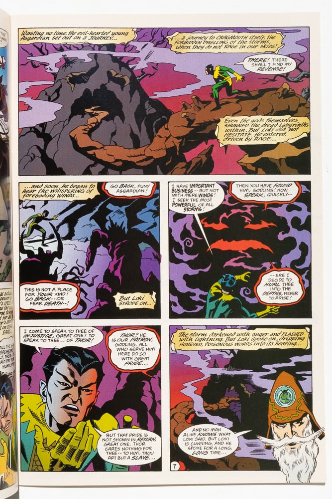 a page from "Thor: Godstorm" that shows Loki making a deal with storm spirits. It is drawn and colored as an homage to pre-digital production