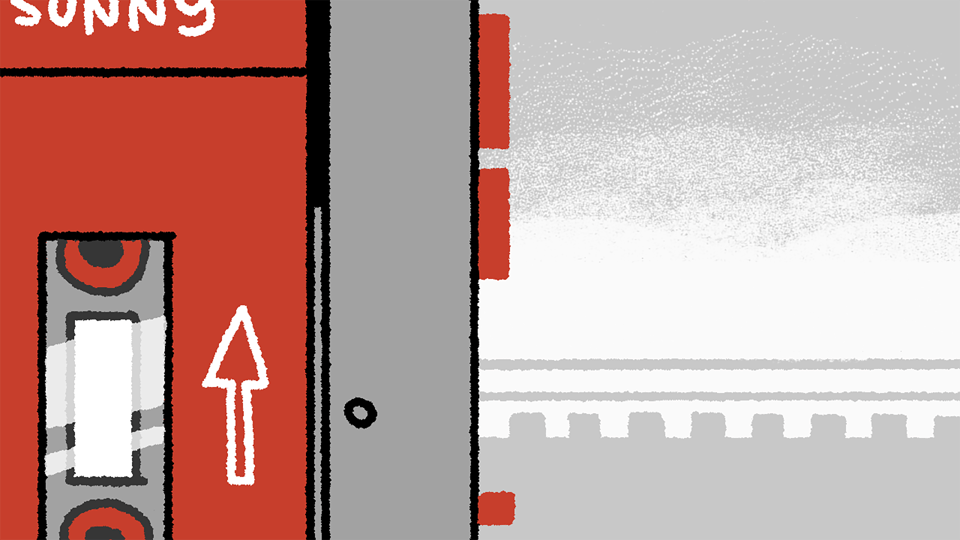 A desktop wallpaper of a vermillion red cassette player. A gray and white sky is visible behind it.