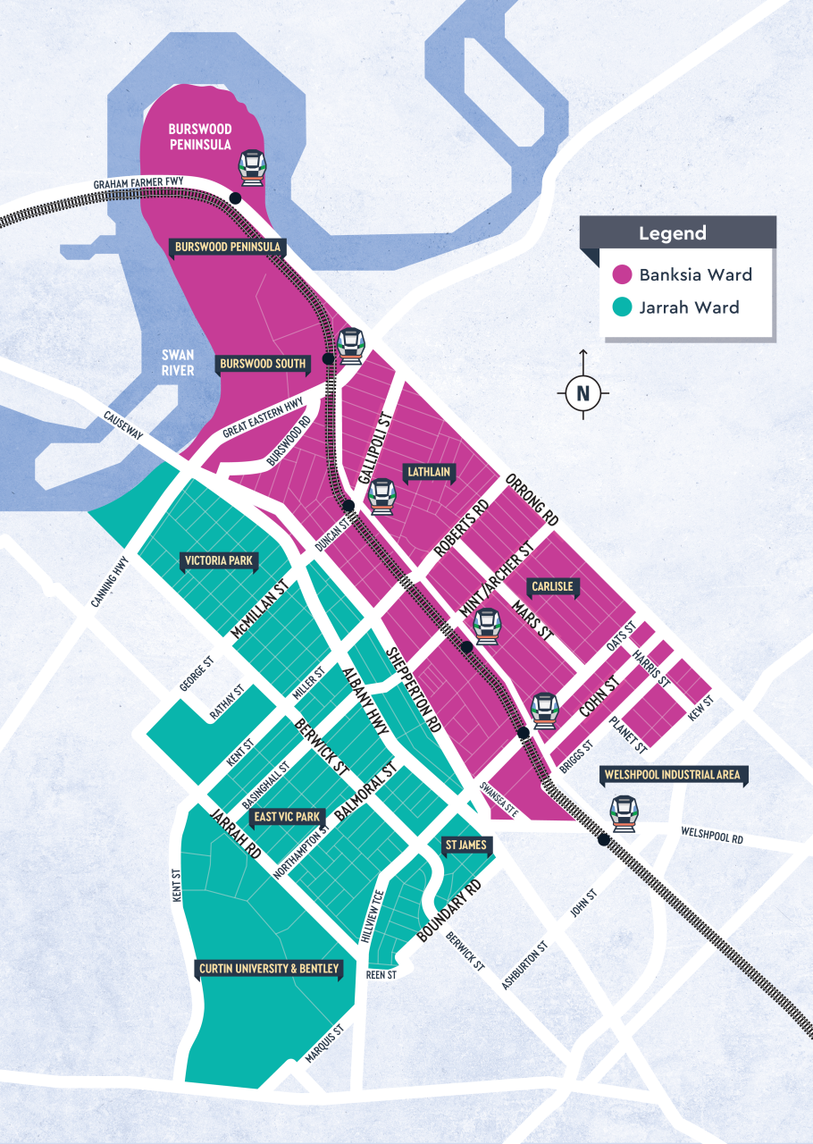 Image showing Banksia Ward approximately bordered by Shepperton Rd, Briggs St, Orrong Rd and the River. Jarrah Ward covers from the river to Boundary Rd, and between Shepperton Rd to Kent St to encompass Curtin University.