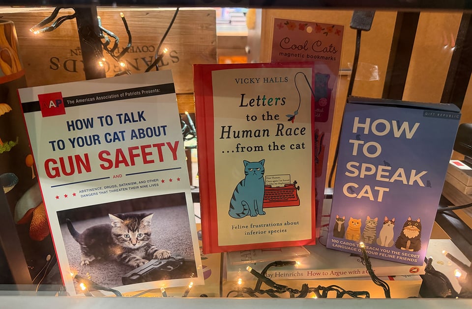 Three cat books on display in a book store.
1 - How to talk to your cat about Gun Safety
2 - Letters to the Human Race ... from the cat
3 - How to speak cat