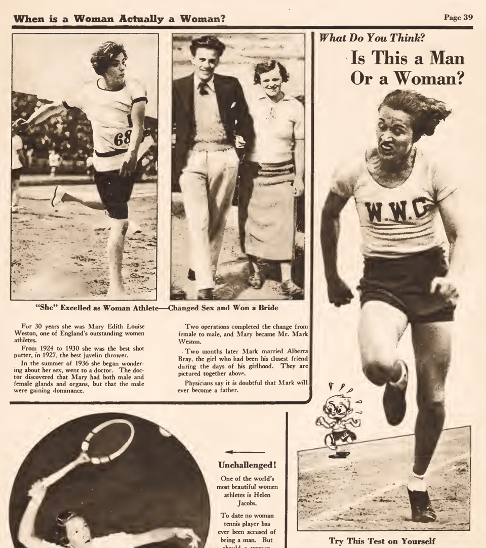 A screenshot of a newspaper clipping. On the right is a photo of a woman running, with the headline "Is This a Man Or a Woman?"