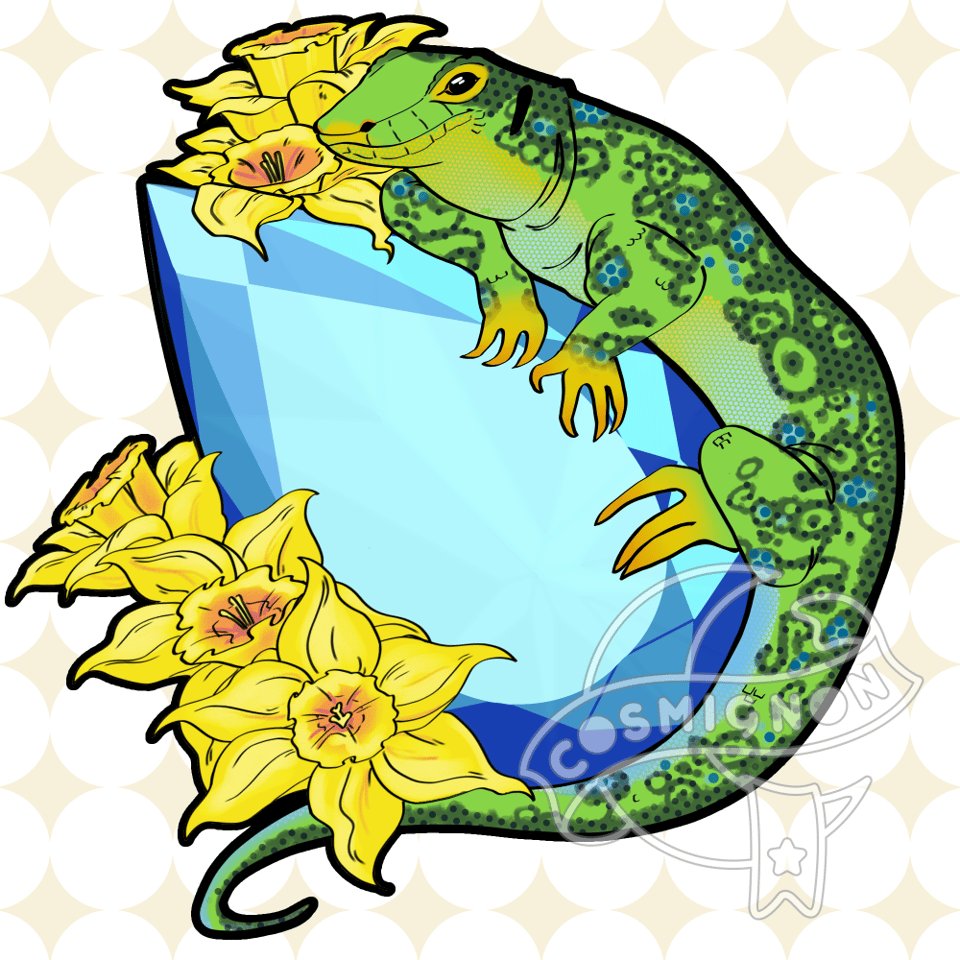 An illustration of an ocellated lizard sitting on a tear shaped aquamarine, surrounded by daffodils.
