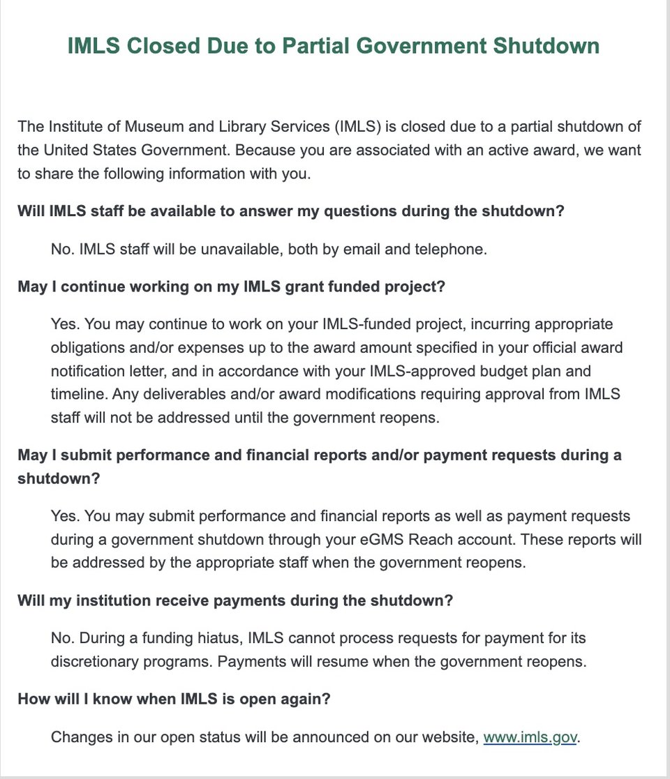 Image of the email folks received about the IMLS shut down via the IMLS newsletter on October 1.
