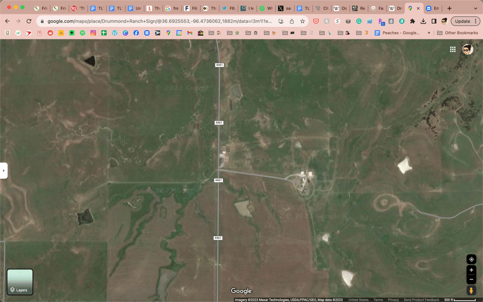 A screenshot of Oklahoma ranch land from Google maps.