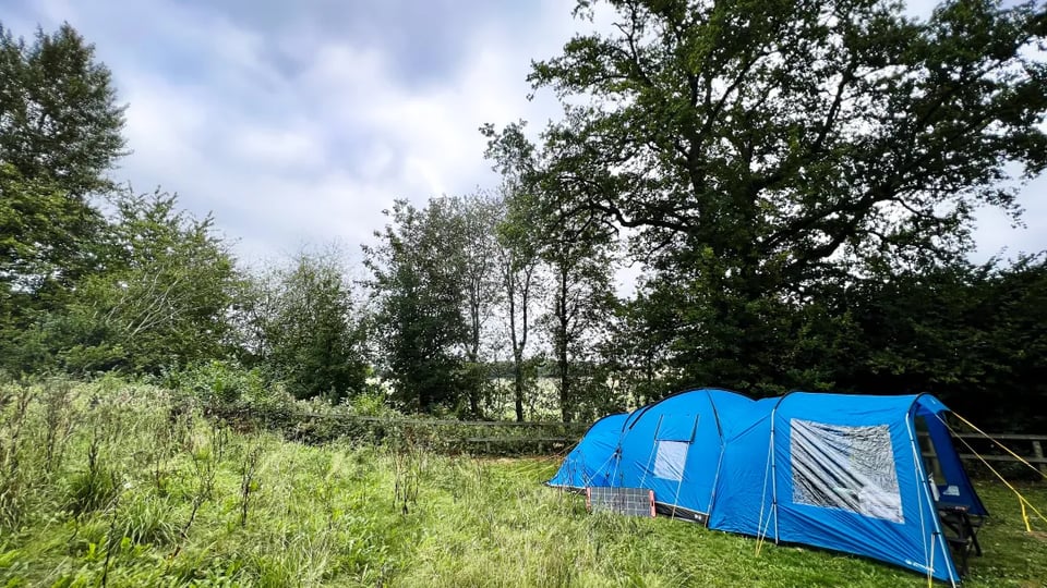 A blue tent with a solar panel outside, in a field.