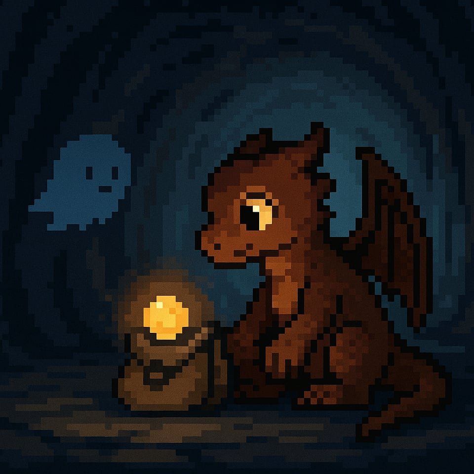 Low-res pixel art image of Kirin, Murm, and sky-stone from The Sky Beneath the Mountain novella