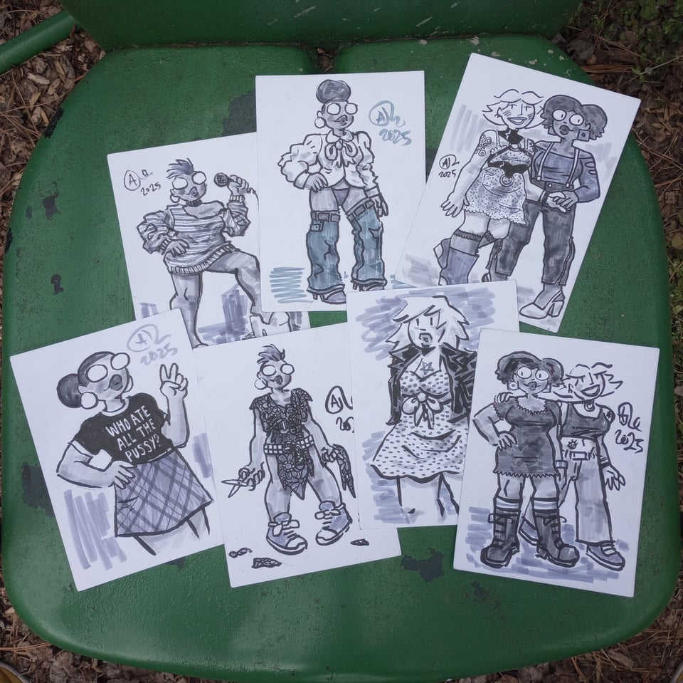 Seven drawings, four of Val, one of Tori, two of Tina and Ellie.