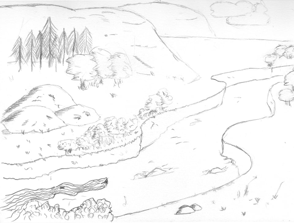 A line drawing of a stream in a rural landscape