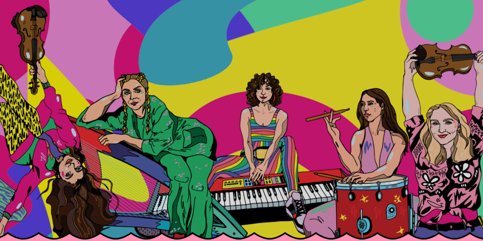 A colourful illustration of the band Heisk.