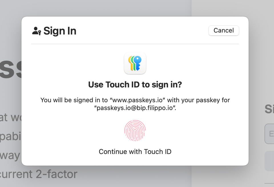 login with a passkey screenshot