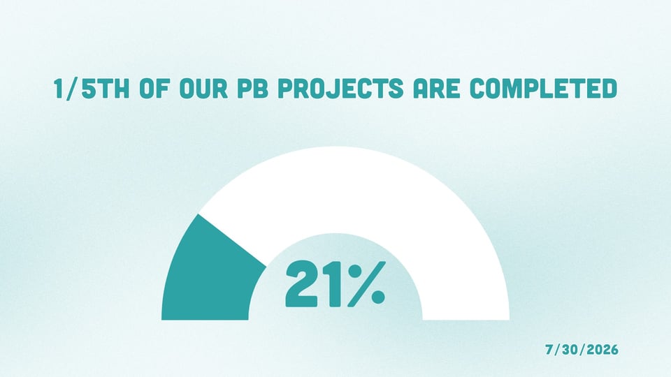 graphic displaying "1/5th of our PB projects are completed" and a graph with 21%