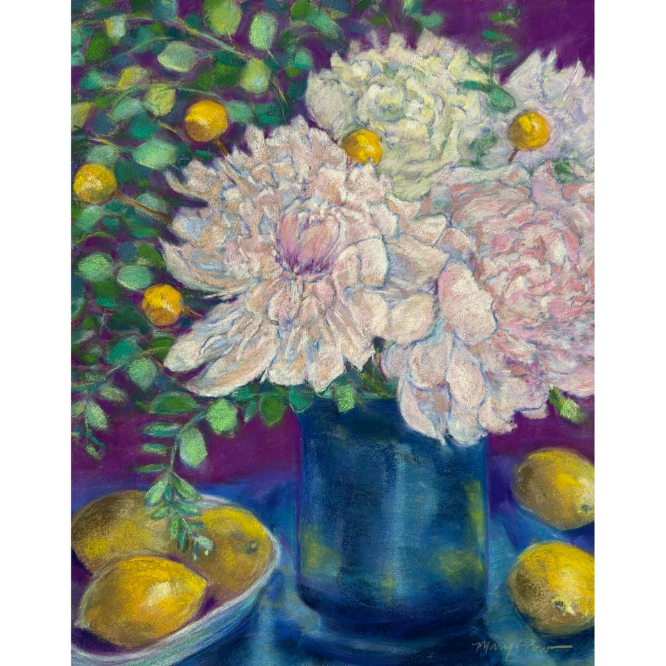 artwork of a blue vase filled with white peonies and lemons on the table