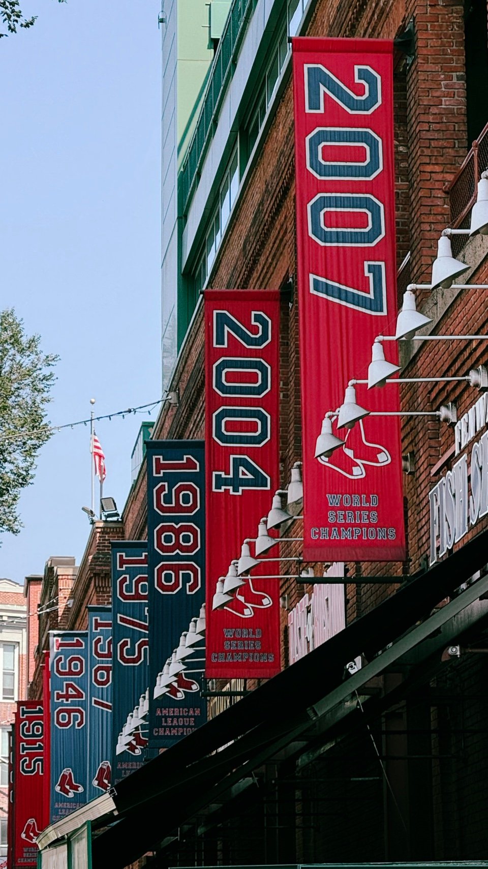 A brick alley lined with American League and World Series championship banners