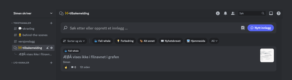 Eksempel på tilbakemelding i Discord-serveren til SimenSkriver