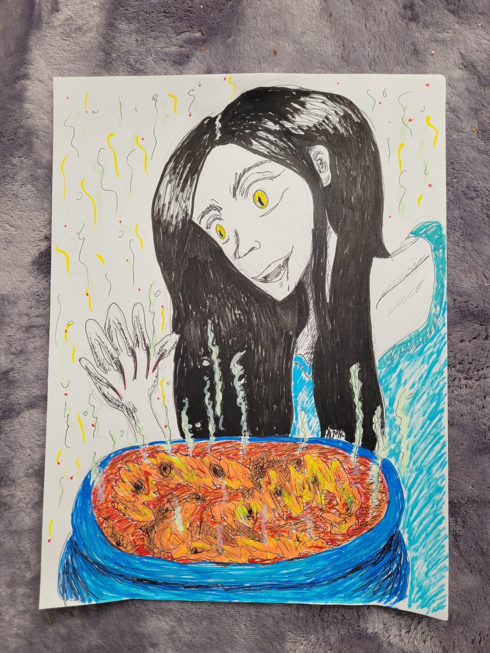 Marker and pen drawing of a black-haired, white-skinned demon woman salivating over a blue bowl of steaming hot colon stew!