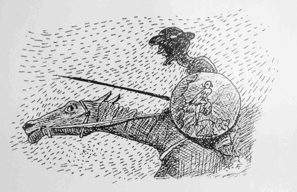Don Quixote riding his old workhorse Rocinante into "battle"