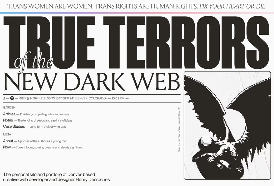 The home page of Henry's site with TRUE TERRORS of the NEW DARK WEB written on bold typography, a gargoyle illustration and the navigation of the site