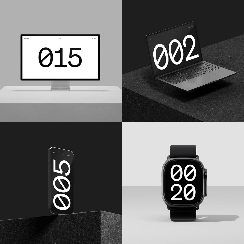 A grouped image of four tech devices including a monitor, laptop, phone, and smartwatch