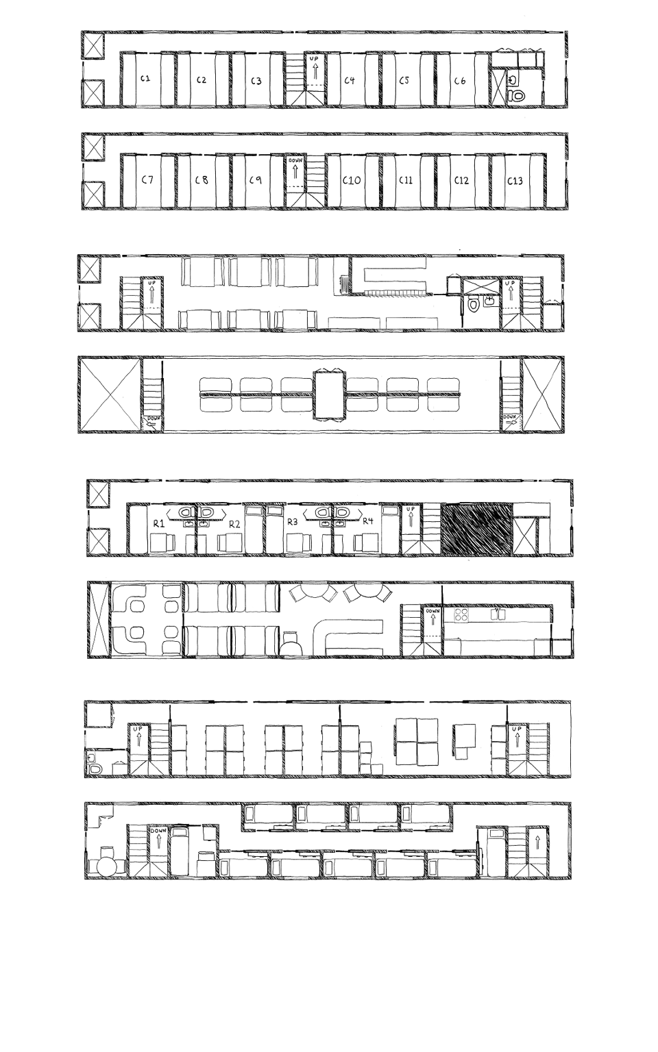 A series of floor plans of a train, including passenger areas, sleeping cars, lounges, and cargo areas.