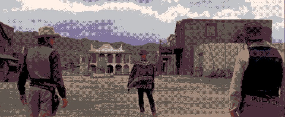A pixelated image of Clint Eastward's Man With No Name, facing off against two armed cowboys.