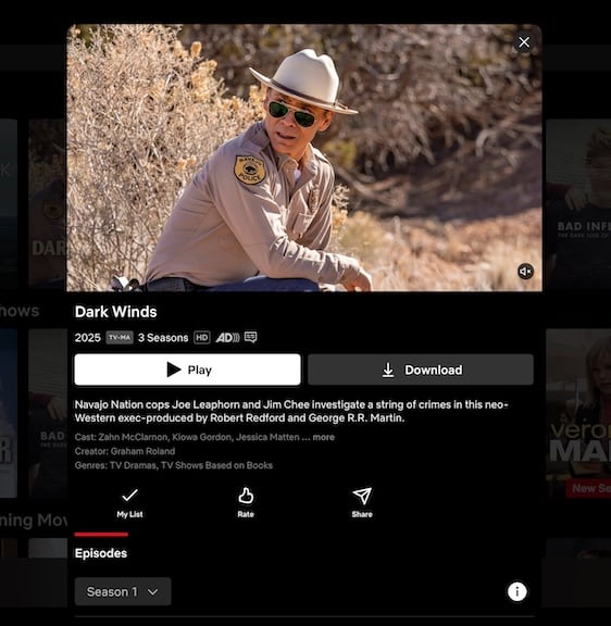 Screenshot of Dark Winds' Joe Leaphorn showing on Netflix