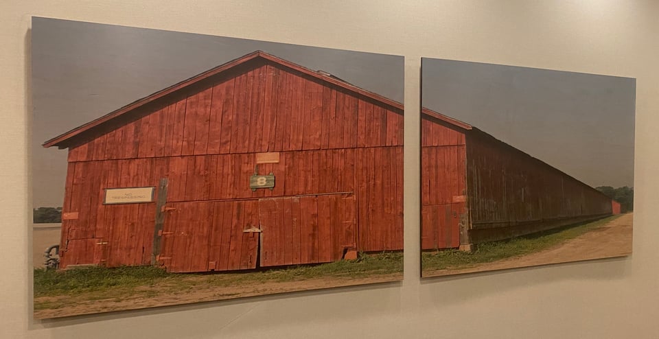 A large 2-part color photograph of a wooden structure that looks like a barn