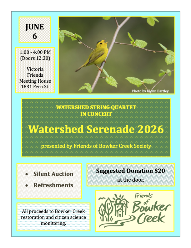 Aside from a photo of a hollering yellow warbler and the Friends of Bowker Creek logo, this image contains the following information:
Watershed String Quartet In Concert: Watershed Serenade 2026
Presented by Friends of Bowker Creek Society
June 6
1 - 4pm (doors open at 12:30)
Victoria Friends Meeting House 1831 Fern Street
Silent Auction, Refreshements
Suggested Donation $20 at the door
All proceeds to Bowker Creek restoration and citizen science monitoring