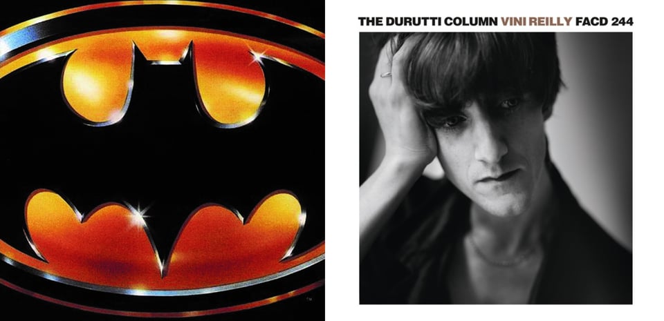 First pic: It's the Batman logo as used in the 1989 film, an oval with a bat shape inside it. The bat is black, everything around it is gold and there are glints on it, as if made of metal. The logo is zoomed in a bit so it's cut off on the left and right edges. Second pic: A sharp, well-executed black and white photograph of The Durutti Column's Vini Reilly (yes he named the album after himself.) The photo is a close-up, from the shoulders up. Reilly has a very long thin angular face, with long thick brown bangs crowning his head. He has thin lips and a cleft chin. He looks to the right with his hand holding up his head. He has a thoughtful look on his face. Imagine if Iggy Pop had a Shelleyan Romantic poet brother, that's what he looks like.