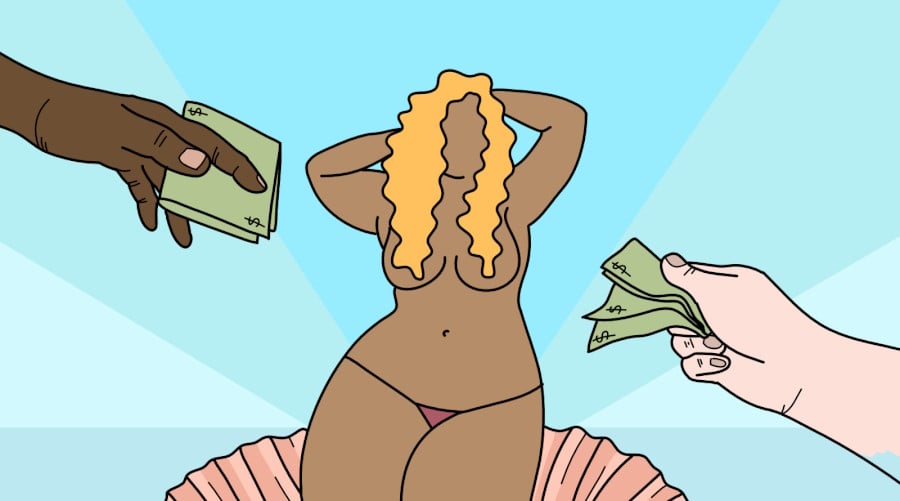 Illustration of a curvy, brown skinned woman with blonde hair covering her nipples. She's emerging from a large oyster shell and hands are offering her money.